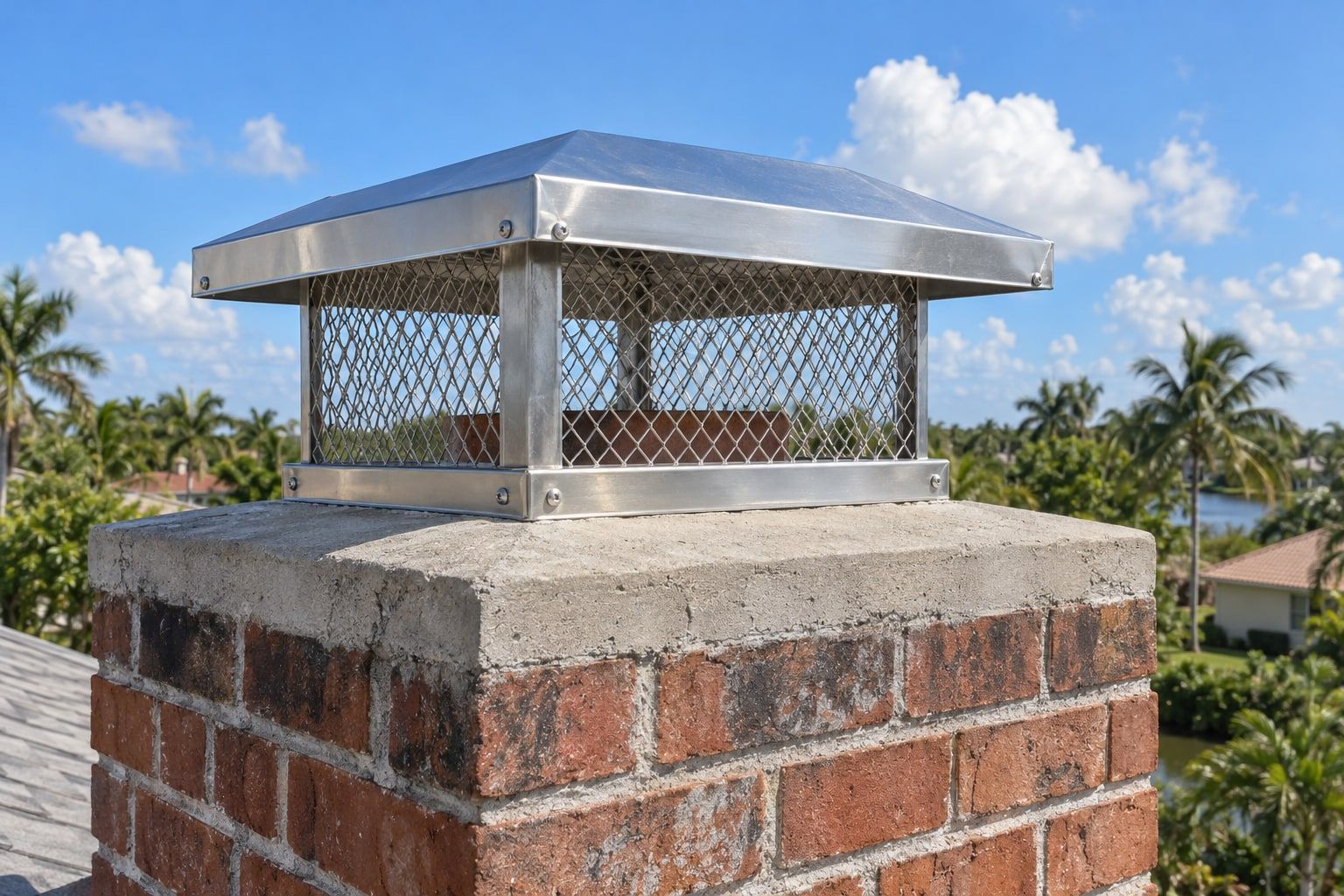 A stainless steel chimney cap with mesh sides on top of a brick chimney with a smooth concrete crown, against a blue sky with a few clouds