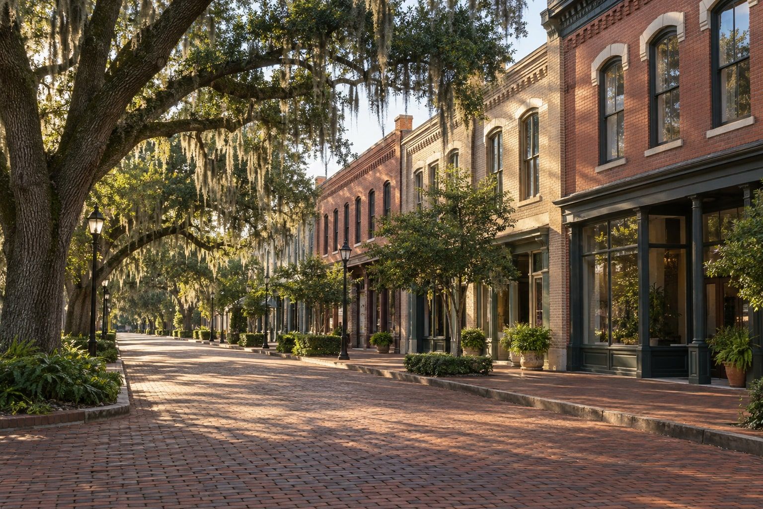 A red brick paved street lined with two-storey brick buildings and large live oaks hung with Spanish moss, in late afternoon light