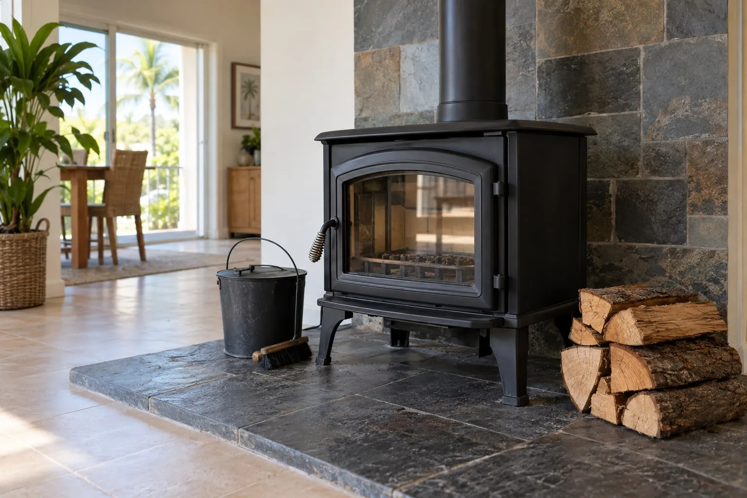 A black freestanding wood stove on a slate hearth with a metal ash bucket, a hand brush and a neat stack of split logs beside it