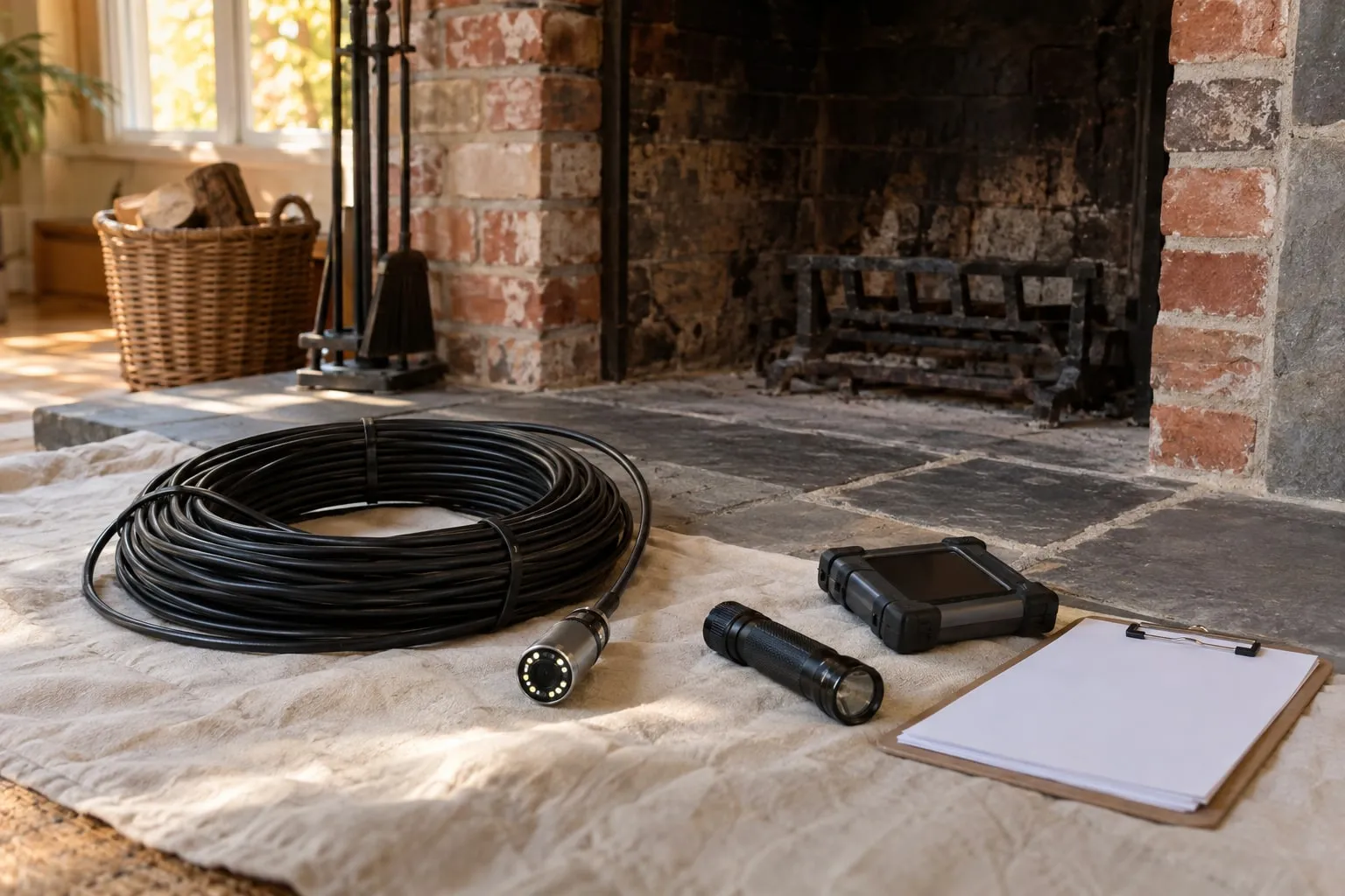A coiled inspection camera cable, a flashlight and a clipboard on a dust sheet laid over a stone hearth, with a brick fireplace behind