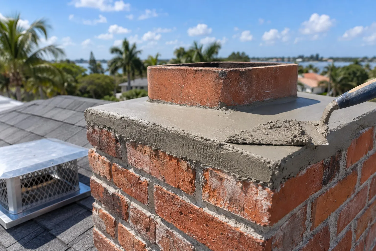 A mason's trowel resting on a fresh grey mortar crown at the top of a red brick chimney, with grey shingles and a bright sky behind