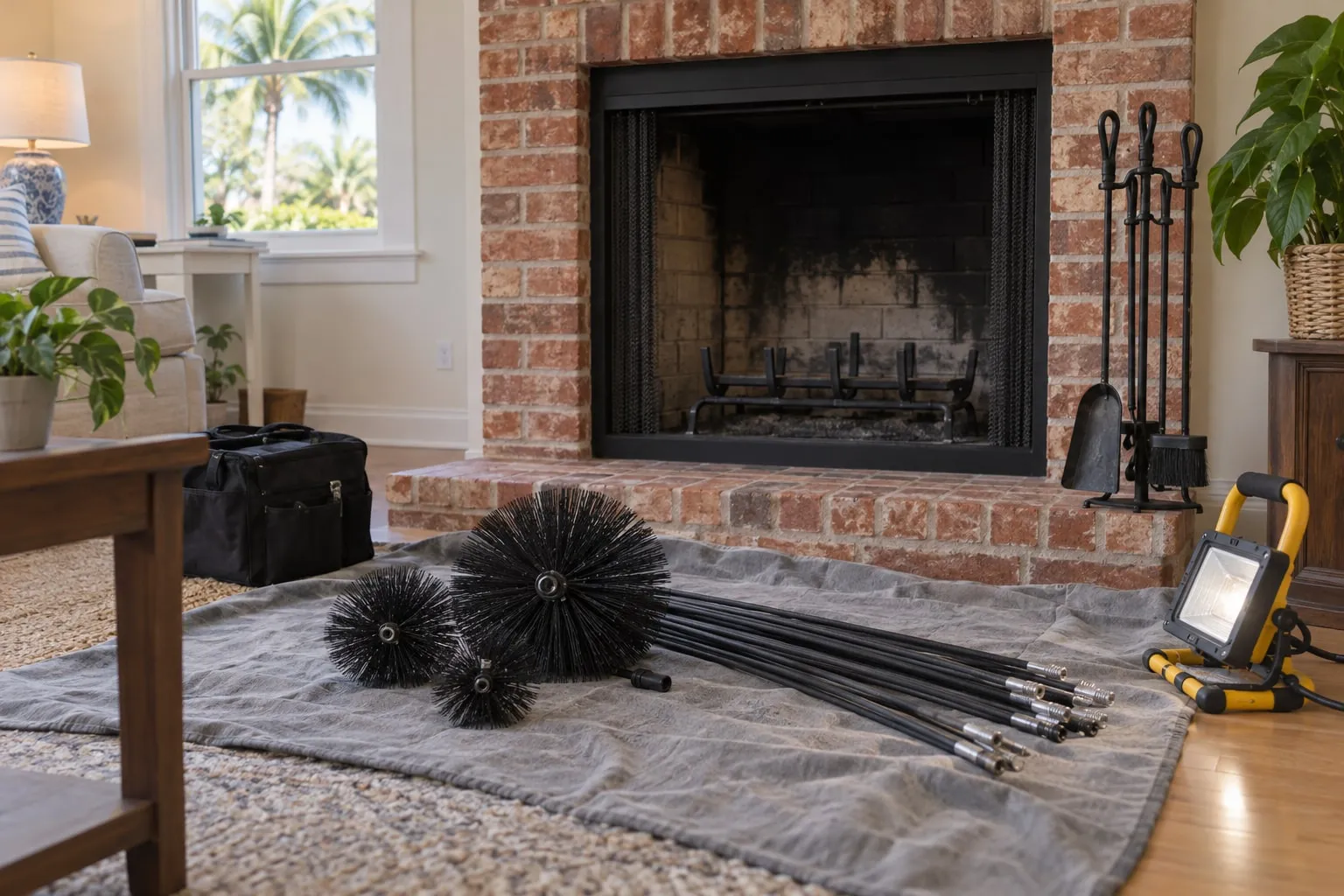 Round chimney brushes and flexible rods laid on a grey drop cloth in front of a brick fireplace